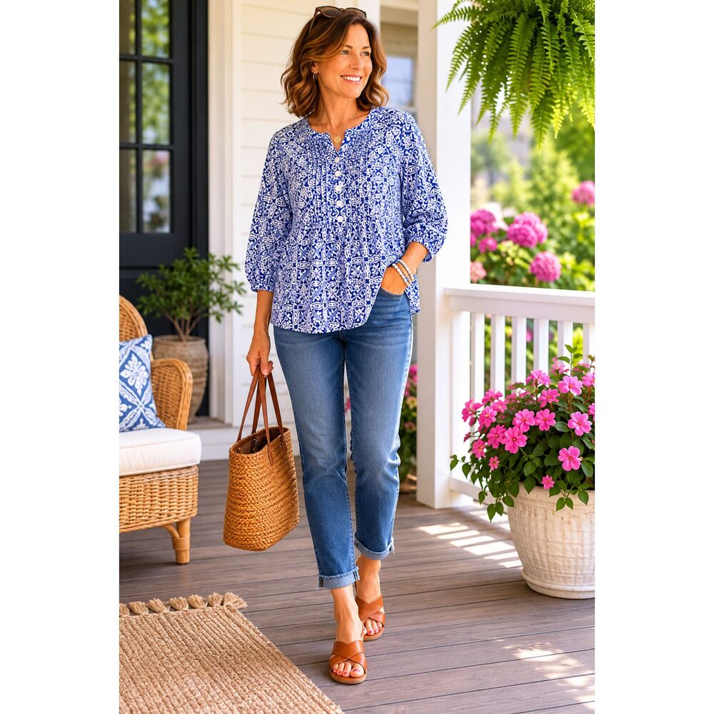 Talbots Blue & White Printed Cotton Blouse Size Medium Boho Peasant Top